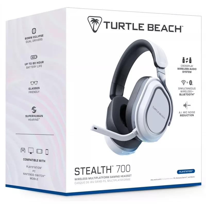 Turtle Beach Stealth 700 White belaidžiai žaidimų ausinės su Bluetooth, 80 valandų baterija, 60 mm garsiakalbiais, PS5, PS4, PC ir mobiliesiems
