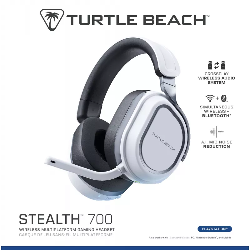 Turtle Beach Stealth 700 White belaidžiai žaidimų ausinės su Bluetooth, 80 valandų baterija, 60 mm garsiakalbiais, PS5, PS4, PC ir mobiliesiems