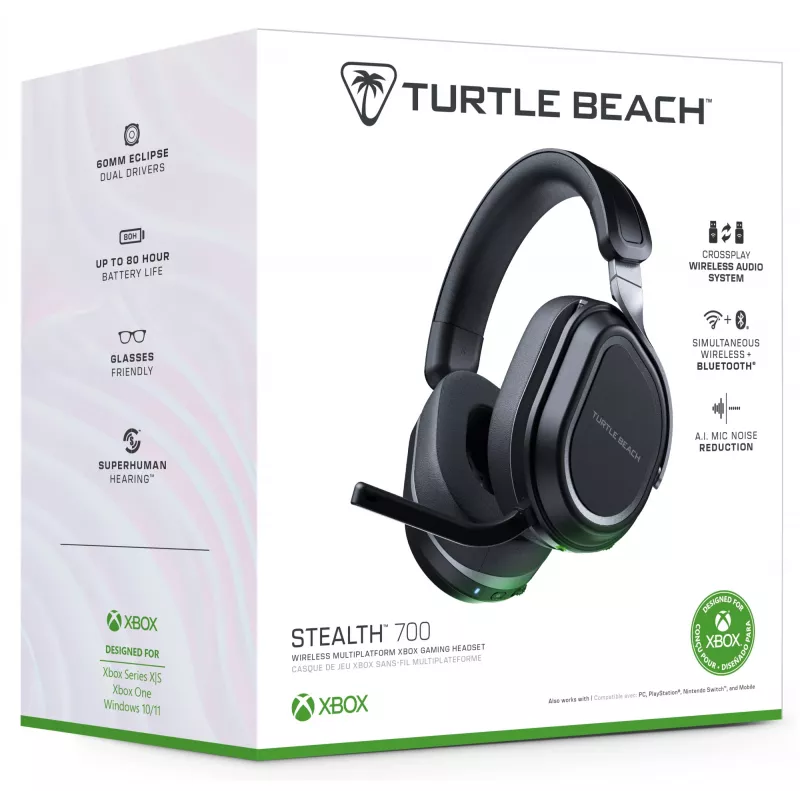 Turtle Beach Stealth 700 Black Xbox belaidžiai žaidimų ausinės su 80 val. baterija, Bluetooth, dvigubais siųstuvais ir 60 mm garsiakalbiais, skirtos Xbox Series X/S, Xbox One, PC ir mobiliems įrenginiams