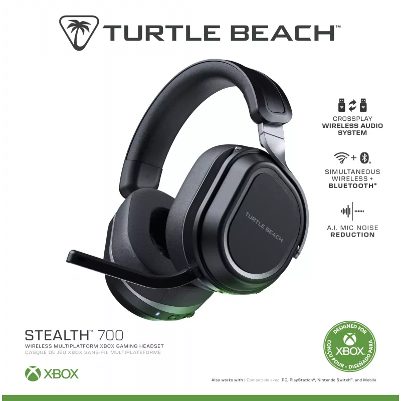 Turtle Beach Stealth 700 Black Xbox belaidžiai žaidimų ausinės su 80 val. baterija, Bluetooth, dvigubais siųstuvais ir 60 mm garsiakalbiais, skirtos Xbox Series X/S, Xbox One, PC ir mobiliems įrenginiams