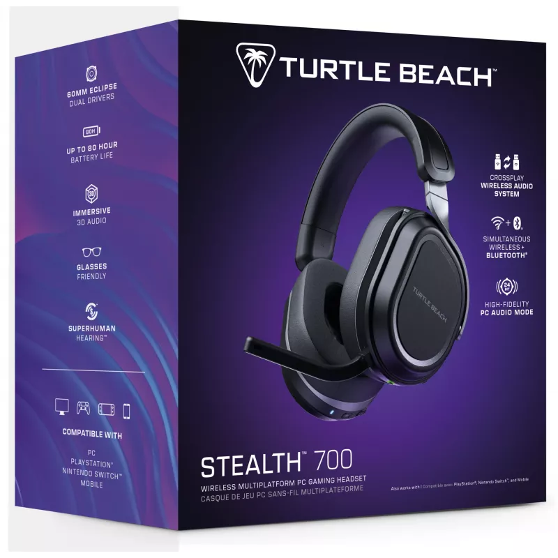 Belaidės žaidimų ausinės Turtle Beach Stealth 700 Black PC su iki 80 val. baterija, Bluetooth, dviem siųstuvais ir 60 mm garsiakalbiais, skirtos PC, PS5, PS4 ir mobiliesiems