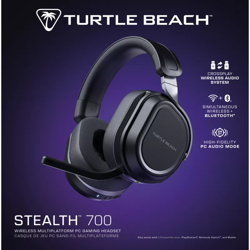 Belaidės žaidimų ausinės Turtle Beach Stealth 700 Black PC su iki 80 val. baterija, Bluetooth, dviem siųstuvais ir 60 mm garsiakalbiais, skirtos PC, PS5, PS4 ir mobiliesiems