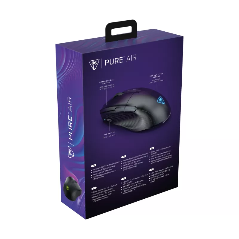 Turtle Beach Pure Air Black – itin lengva belaidė ergonomiška RGB žaidimų pelė, 26K DPI optinis jutiklis, 125 h baterija, RGB apšvietimas