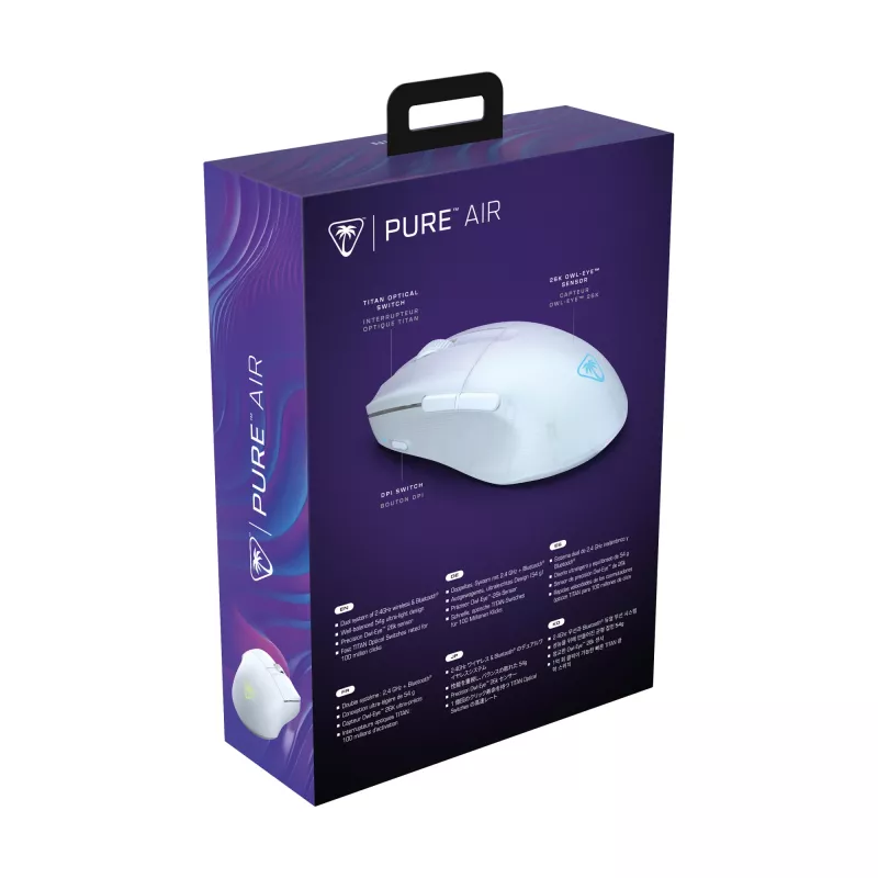 Turtle Beach Pure Air Balta – itin lengva belaidė ergonominė RGB žaidimų pelė, 26K DPI optinis jutiklis, 125h baterija, RGB apšvietimas