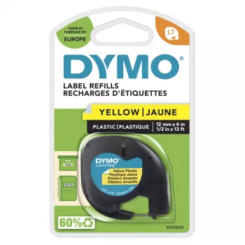 DYMO LetraTag plastikinės etiketės | 12 mm x 4 m ritinys | juodas spaudinys ant geltono | lipnios etiketės LetraTag žymekliams