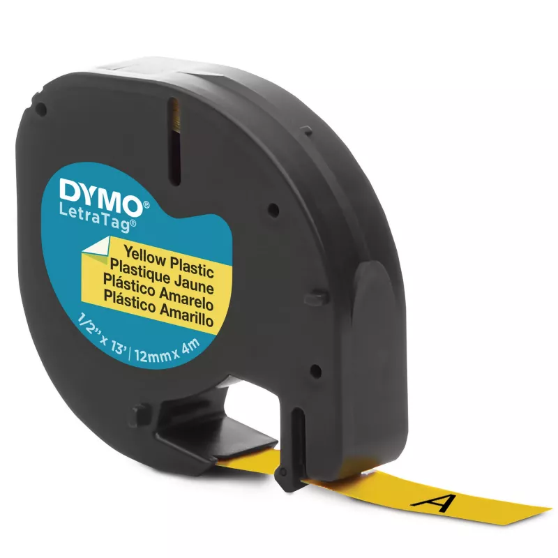 DYMO LetraTag plastikinės etiketės | 12 mm x 4 m ritinys | juodas spaudinys ant geltono | lipnios etiketės LetraTag žymekliams