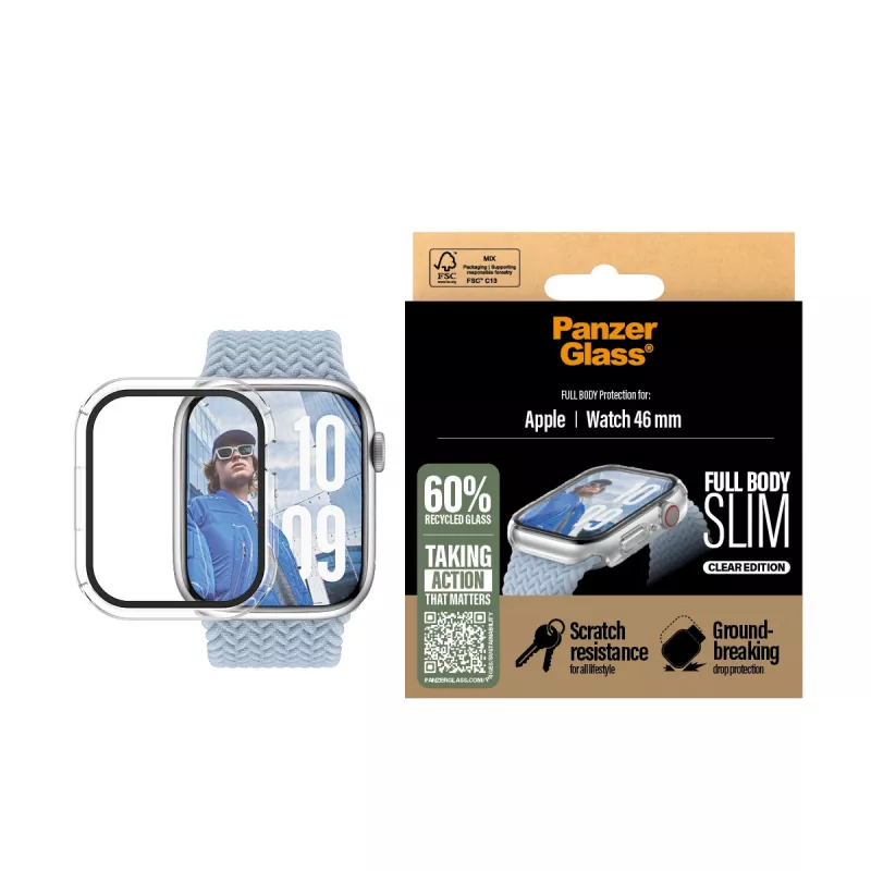 PanzerGlass® visiškai dengiantis plonas permatomas dėklas Apple Watch Series 11 | 10 | 46mm