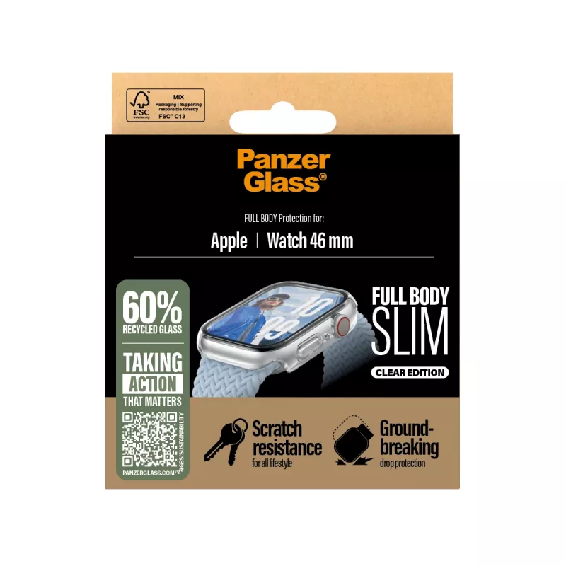 PanzerGlass® visiškai dengiantis plonas permatomas dėklas Apple Watch Series 11 | 10 | 46mm