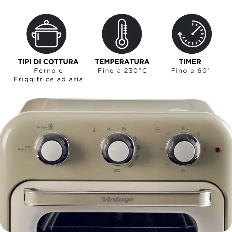Ariete 4632 Oro gruzdintuvė ir orkaitė Vintage, 1400W, 2viename, Talpa 16L, Priedai, Laikmatis 60 min., Dvigubas stiklas, Smėlio spalva