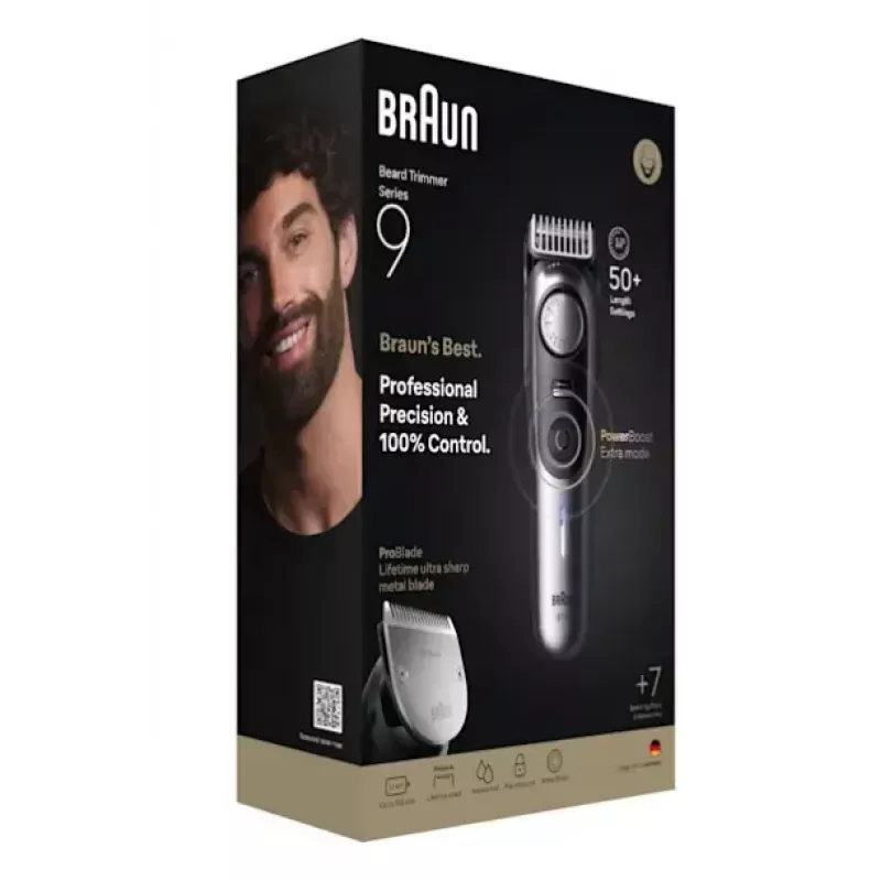 Braun BeardTrimmer 9 BT9520 barzdaskutė, baterija 52, 2 cm, šlapiam ir sausam naudojimui, juoda, pilka