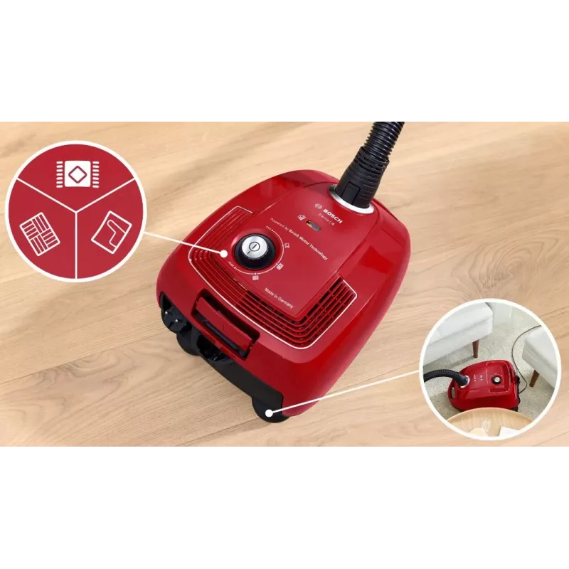Bosch Serie 4 BGD38RD1H būgninis dulkių siurblys, 600 W, 4 L dulkių maišas, sausas valymas, raudonas
