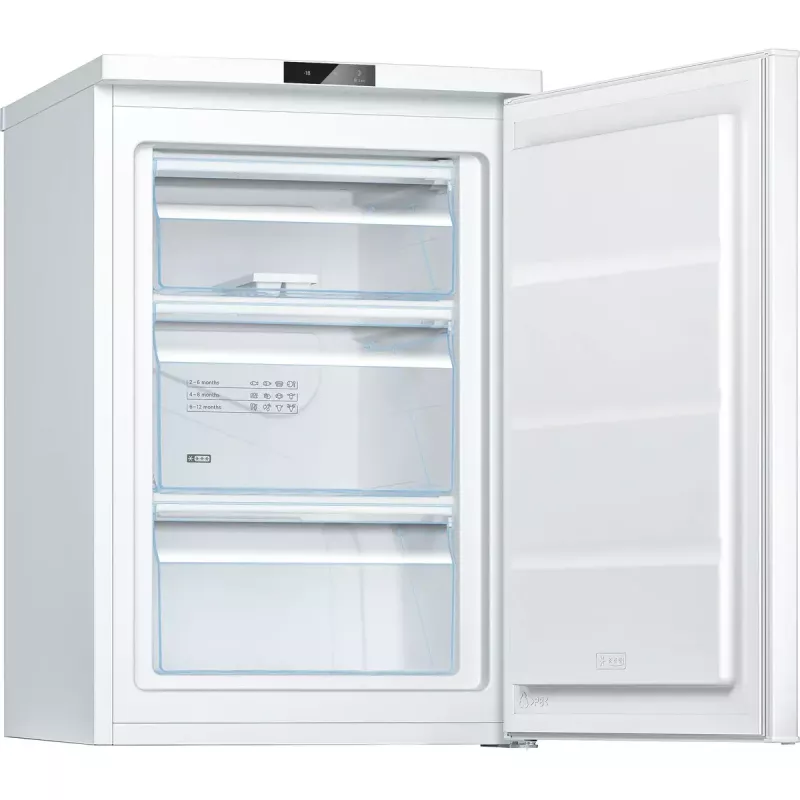 Šaldiklis vertikalus Bosch Serie 2 GTV15NWEB — 83 L, laisvai pastatomas, E klasė, 39 dB, dešinieji vyriai, baltas