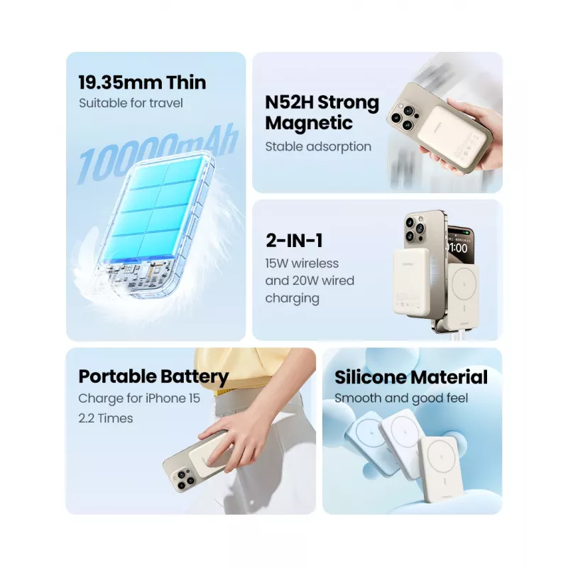 Ugreen 25208 Power Bank 10000 mAh su belaidžiu įkrovimu Smėlio spalvos