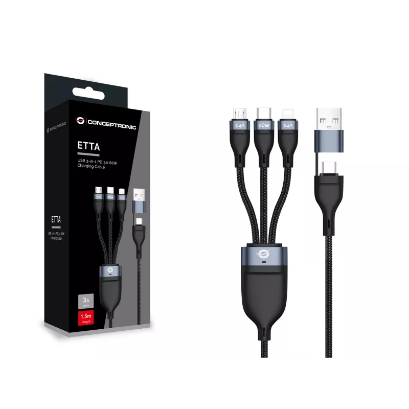 Conceptronic ETTA05B15 USB 3-in-1 PD 3.0 60W įkrovimo laidas 1,5 m, 20V 3A, 480 Mbps