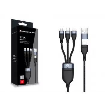 Conceptronic ETTA06B15 USB 3-in-1 PD 3.0 100W greito įkrovimo laidas 1,5 m, 20V 5A, 480Mbps, E-Mark