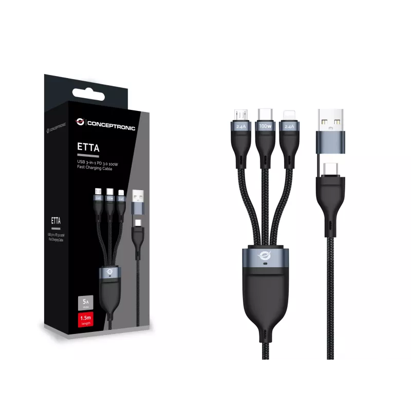 Conceptronic ETTA06B15 USB 3-in-1 PD 3.0 100W greito įkrovimo laidas 1,5 m, 20V 5A, 480Mbps, E-Mark