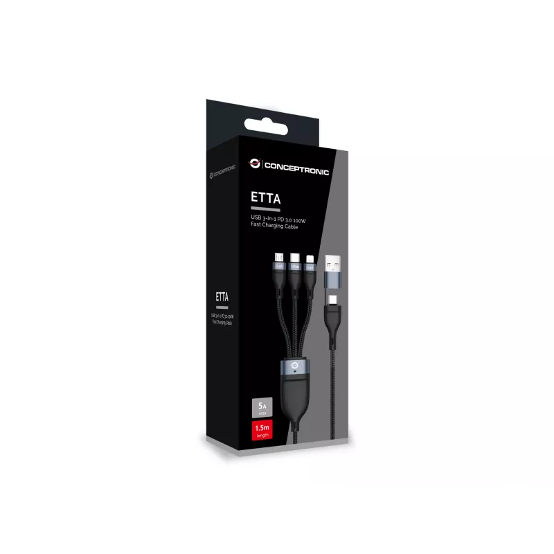 Conceptronic ETTA06B15 USB 3-in-1 PD 3.0 100W greito įkrovimo laidas 1,5 m, 20V 5A, 480Mbps, E-Mark