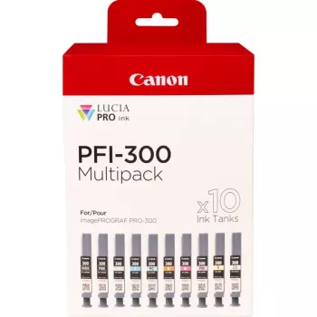 Canon PFI-300 rašalo kasetės 10 vnt. Originalios juoda, mėlyna, žydra, pilka, rausvai violetinė, fotomagenta, raudona, geltona