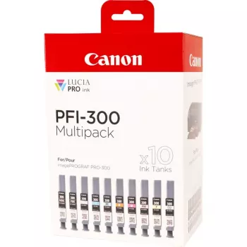 Canon PFI-300 rašalo kasetės 10 vnt. Originalios juoda, mėlyna, žydra, pilka, rausvai violetinė, fotomagenta, raudona, geltona