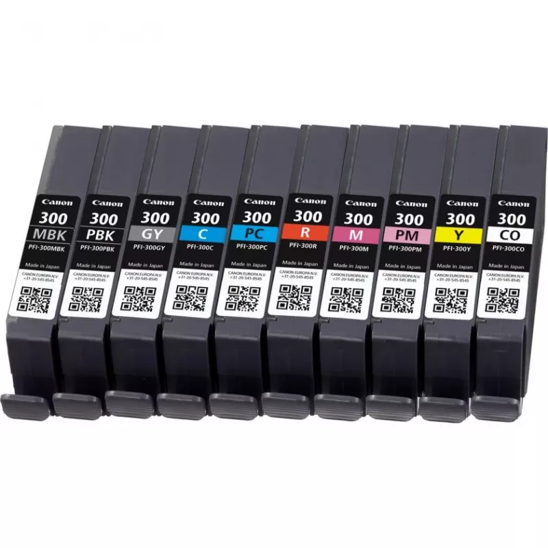 Canon PFI-300 rašalo kasetės 10 vnt. Originalios juoda, mėlyna, žydra, pilka, rausvai violetinė, fotomagenta, raudona, geltona