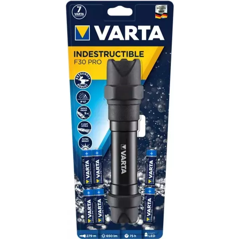 Varta Indestructible F30 Pro 18714101421 LED prožektorius-žibintuvėlis, 6 W, 650 lm, aliuminis, juodas