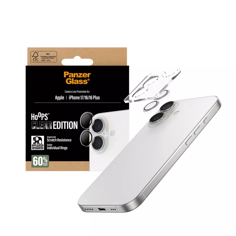 PanzerGlass ® Hoops® Apsauginis fotoaparato objektyvo stikliukas Skaidrus iPhone 17 | iPhone 16 | 16 Plus