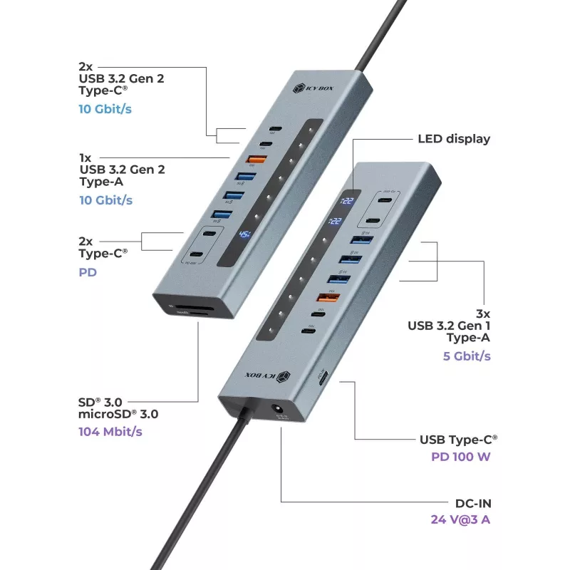 ICY BOX 11-in-1 USB Type-C stotelė su kortelių skaitytuvu ir PD