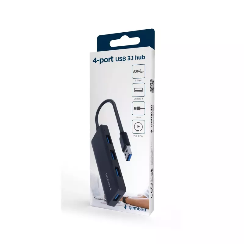 USB stotelė nešiojamam kompiuteriui Gembird UHB-U3P4-03 USB 3.2 Gen 1 Type-A, 5 Gbit/s, juoda