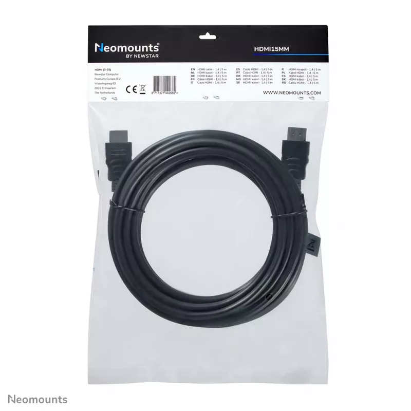 Neomounts HDMI15MM HDMI laidas - 5 metrai, 5 m, HDMI A tipo (standartinis), HDMI A tipo (standartinis), 10.2 Gbit/s, Juoda