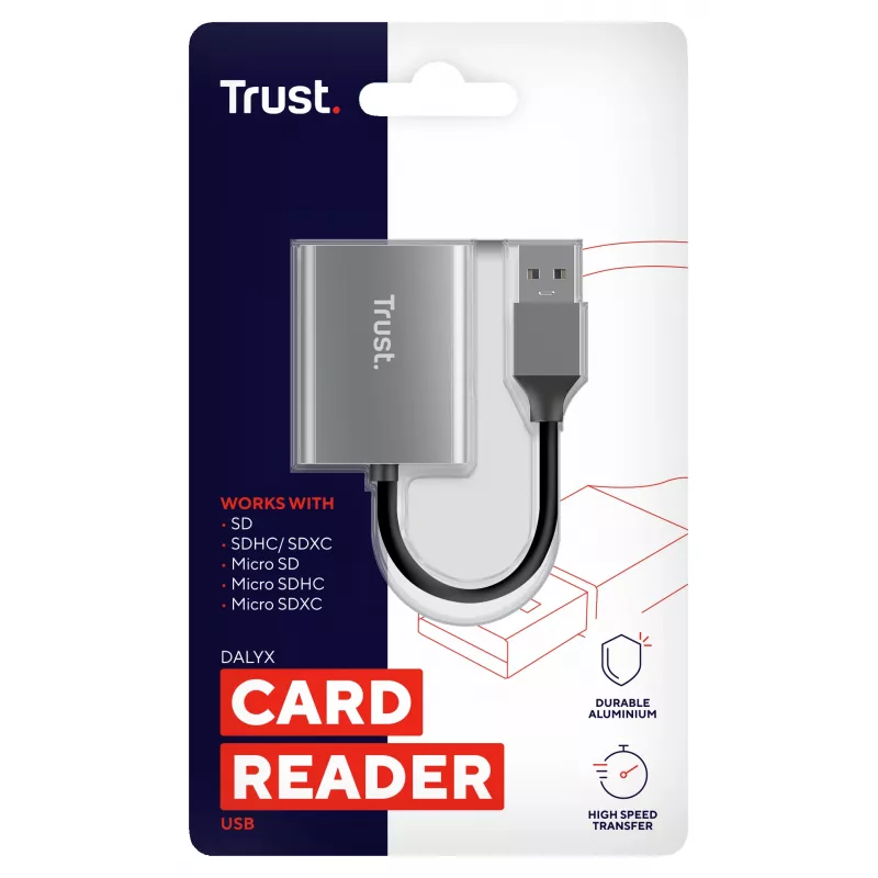 Trust Dalyx 24135 kortelių skaitytuvas, USB 3.2 Gen 1, microSD/SD/SDHC/SDXC, sidabro spalvos