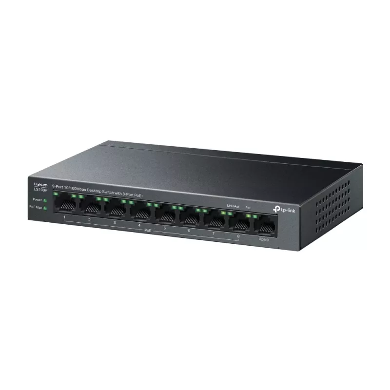 TP-Link LiteWave LS109P tinklo jungiklis, nevaldomas Fast Ethernet (10/100), PoE, juodas