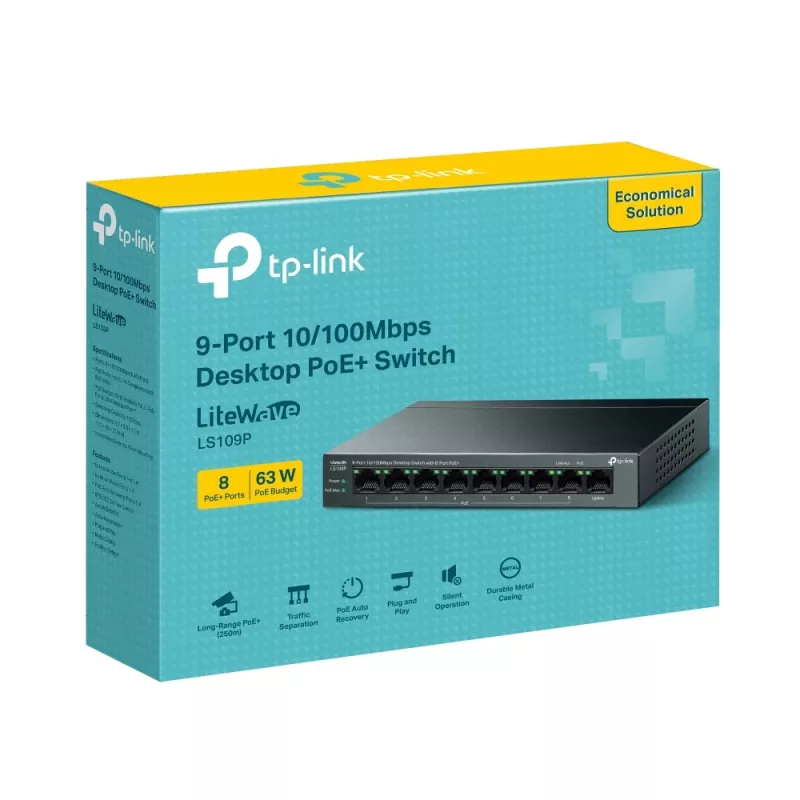 TP-Link LiteWave LS109P tinklo jungiklis, nevaldomas Fast Ethernet (10/100), PoE, juodas