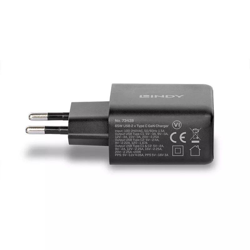 Lindy 65W USB 2 x Type C GaN įkroviklis 73438