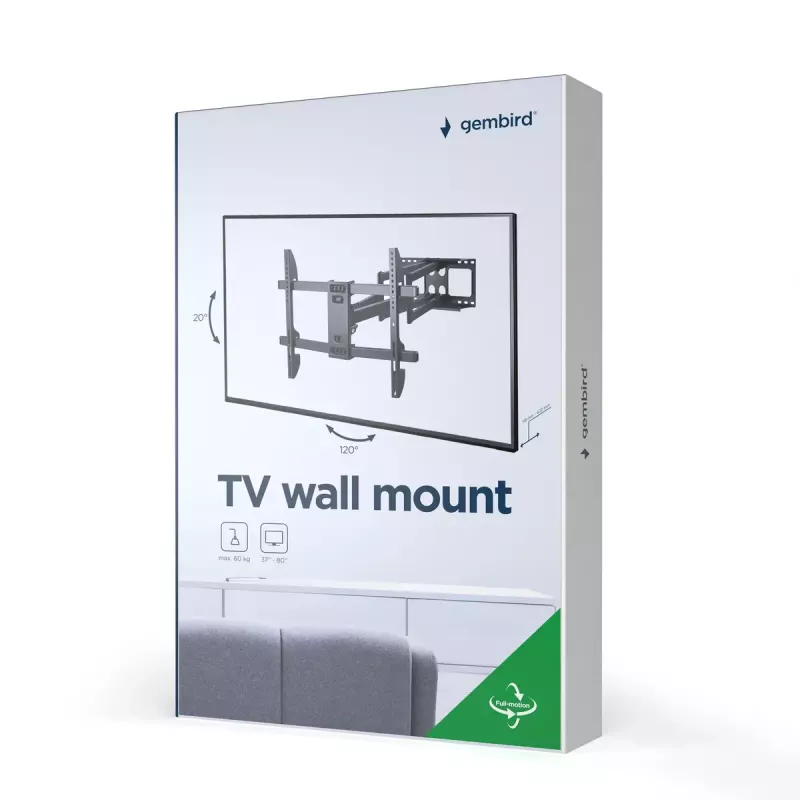 Gembird WM-80ST-02 sieninis TV laikiklis – fiksuotas/pakreipiamas, 37–80 colių, VESA iki 600x400, 60 kg, juodas
