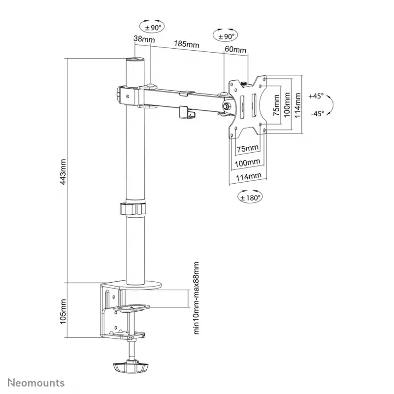 Neomounts FPMA-D540BLACK monitoriaus rankena 13-32 colių, spaustuvas/įvorė, 8 kg, 33 cm (13 col.), 81,3 cm (32 col.), 100 x 100 mm, juoda