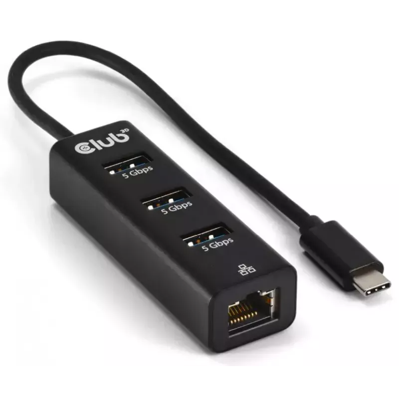 CLUB3D CSV-1549 USB-C stotelė su 3 USB-A prievadais ir Gigabit Ethernet, juoda