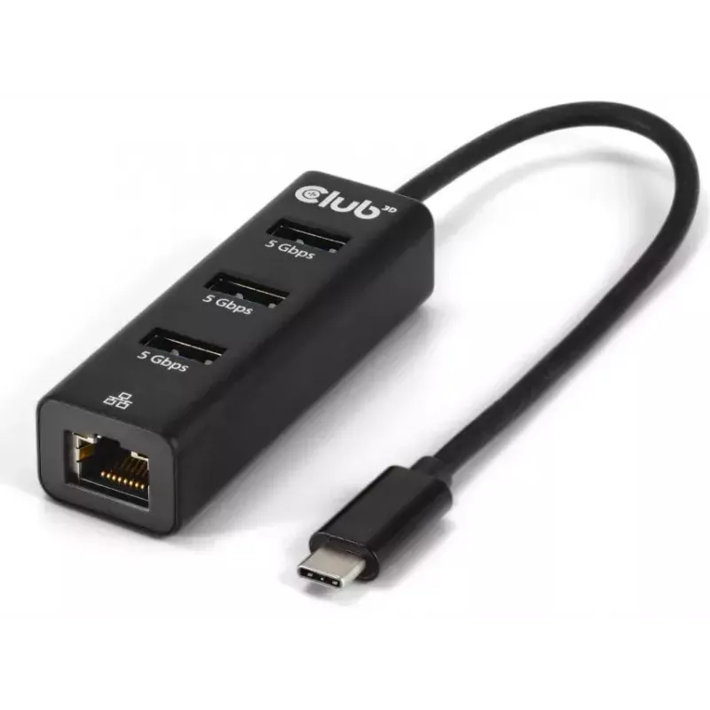 CLUB3D CSV-1549 USB-C stotelė su 3 USB-A prievadais ir Gigabit Ethernet, juoda