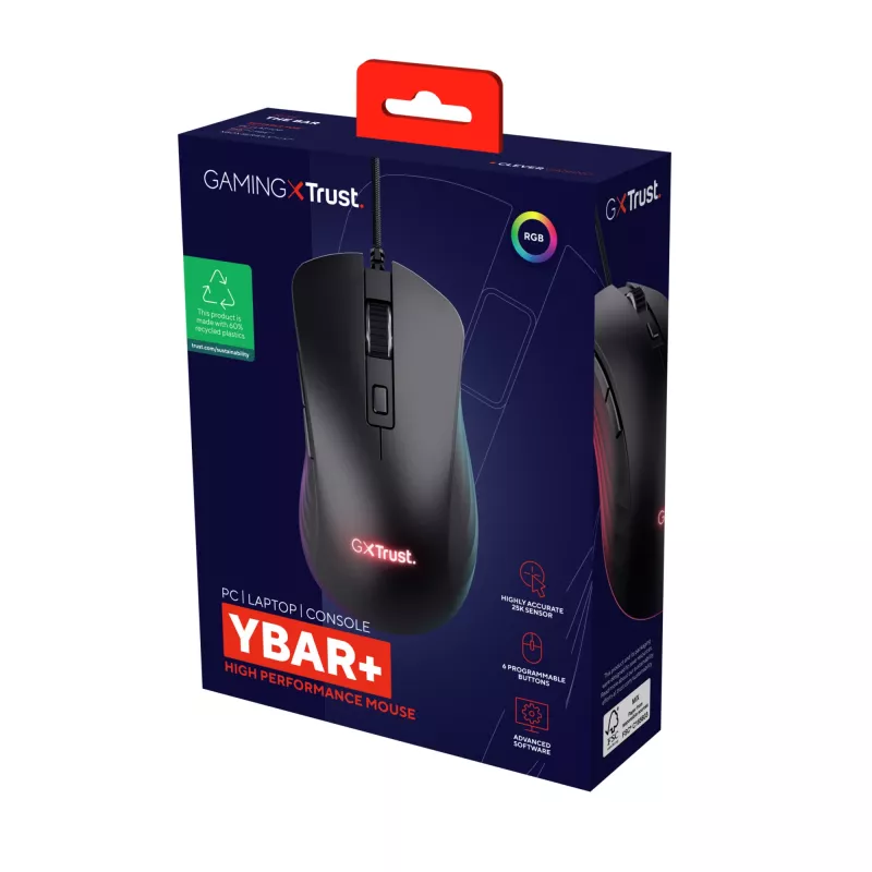 Pelė Trust GXT924 YBAR+ žaidimams, dešinei rankai, USB Type-A, optinė, 25600 DPI