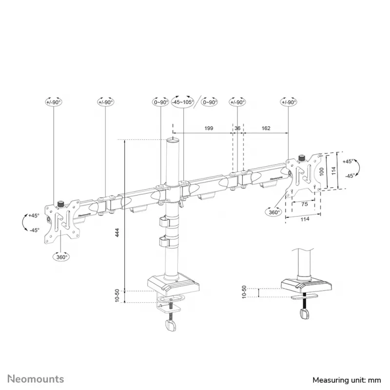 Neomounts DS60-600BL2 Monitor laikiklis 10-32 colių – Greitas montavimas – 180° stabdiklis