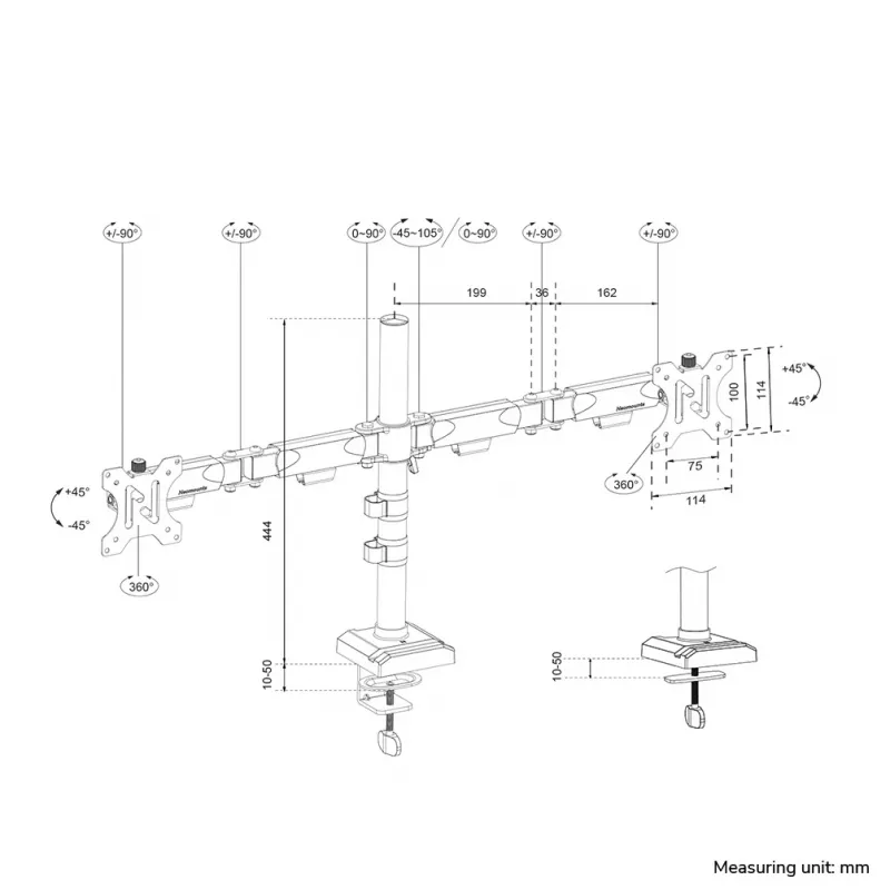 Neomounts DS60-600BL2 Monitor laikiklis 10-32 colių – Greitas montavimas – 180° stabdiklis