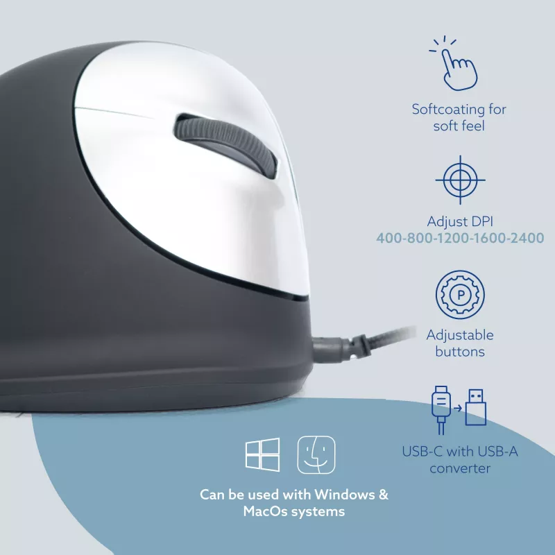 R-Go Tools ergonominė pelė R-Go HE Break su pertraukų programine įranga, vidutinė (tinka 165-185 mm rankai), dešinei rankai, laidinė, juoda