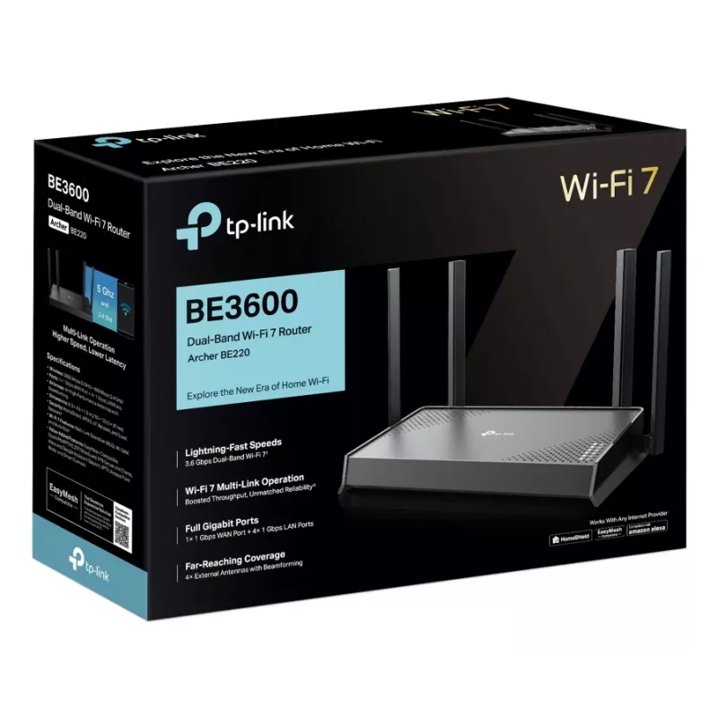 TP-Link Archer BE220 belaidis maršrutizatorius Gigabit Ethernet Dviejų juostų (2,4 GHz / 5 GHz) Juodas