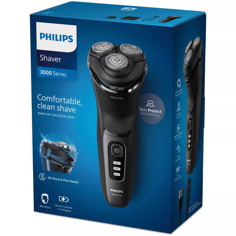 Elektrinis skustuvas Philips 3000 Series S3244/12 – 3 galvutės, šlapias ir sausas skutimas, Li‑Ion, 60 min veikimo, iššokantis apipjaustytuvas, plaunamas, juodas