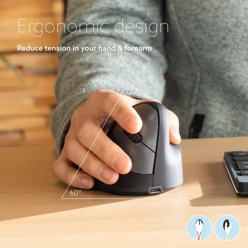 Ergonominė pelė R-Go Tools R-Go HE Break su pertraukų programine įranga, vidutinė (rankos dydis 165–185 mm), dešinei rankai, Bluetooth, juoda