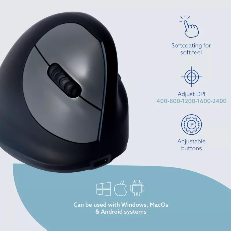 Ergonominė pelė R-Go Tools R-Go HE Break su pertraukų programine įranga, vidutinė (rankos dydis 165–185 mm), dešinei rankai, Bluetooth, juoda