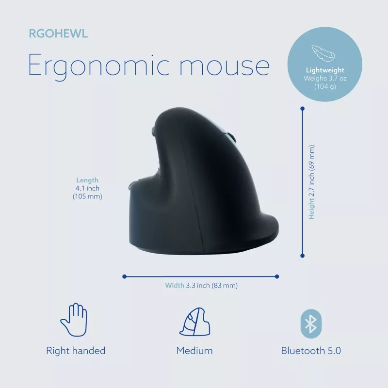 Ergonominė pelė R-Go Tools R-Go HE Break su pertraukų programine įranga, vidutinė (rankos dydis 165–185 mm), dešinei rankai, Bluetooth, juoda