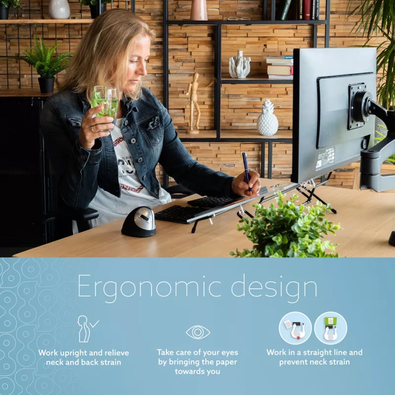 R-Go Tools dokumentų laikiklis R-Go Flex Read, ergonomiškas, su minkšta putų riešo atrama, permatomas akrilinis