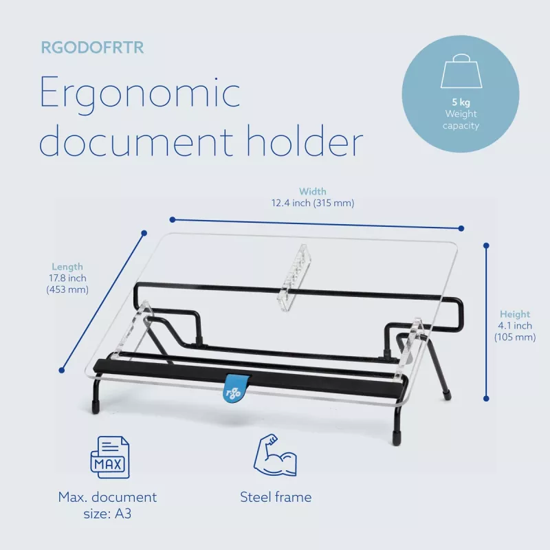 R-Go Tools dokumentų laikiklis R-Go Flex Read, ergonomiškas, su minkšta putų riešo atrama, permatomas akrilinis
