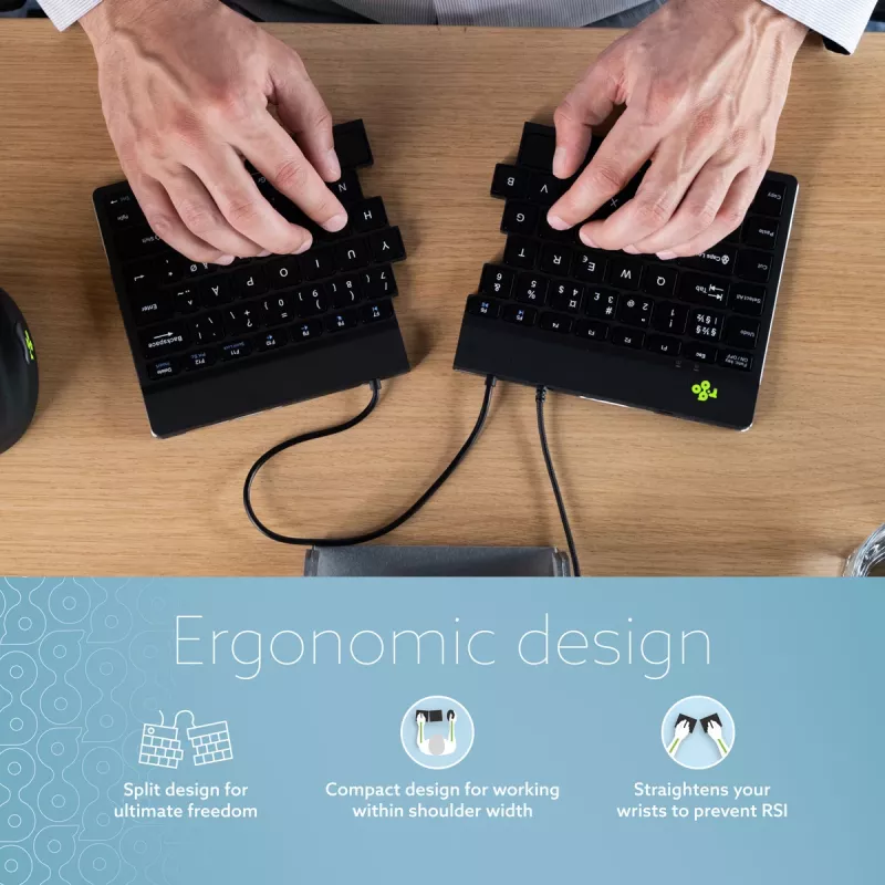 Ergonominė klaviatūra R-Go Tools Split Break v2 su pertraukų programine įranga, išskirta ergonomiška klaviatūra, QWERTY (JK), laidinė, juoda