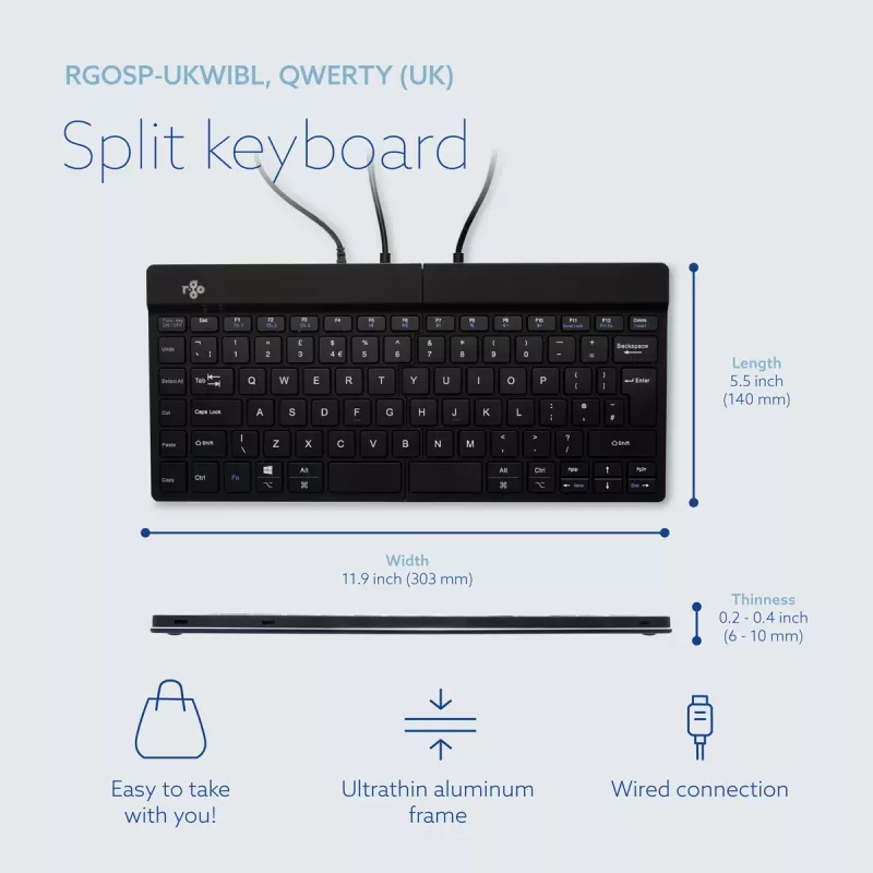 Ergonominė klaviatūra R-Go Tools Split Break v2 su pertraukų programine įranga, išskirta ergonomiška klaviatūra, QWERTY (JK), laidinė, juoda